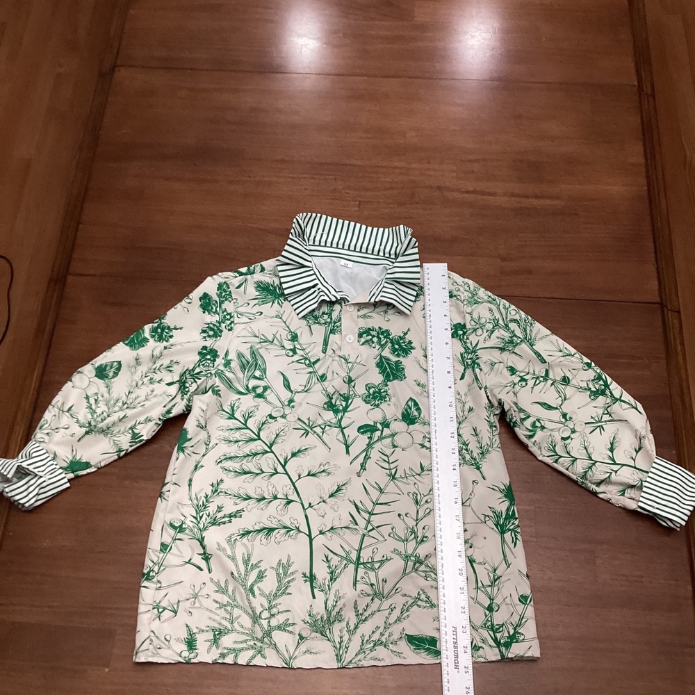 Botanical Herbal Print Long Sleeve Top Green Striped Accents Womens Medium - Picture 5 of 7
